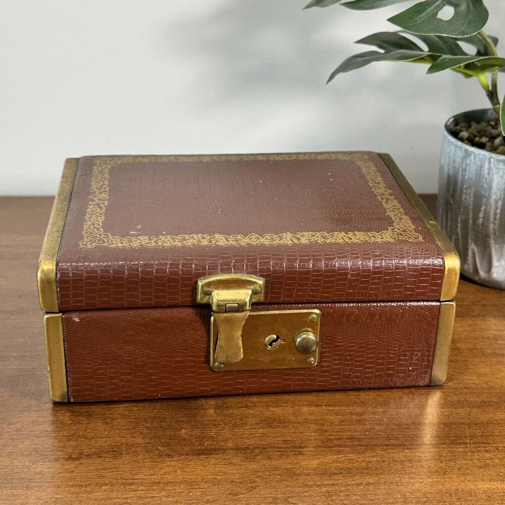 Vintage Faux Croc Leather Jewelry Box Casket w/ Key, Mirror